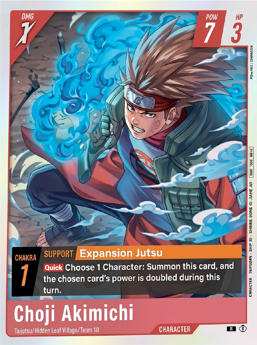 Naruto Card Game demo print: Choji Akimichi, Character, rarity R, DMG 1, POW 7, HP 3, traits Taijutsu / Hidden Leaf Village / Team 10, carrying the support Expansion Jutsu at 1 Chakra: Quick, choose 1 Character, summon this card and the chosen card's power is doubled during this turn.