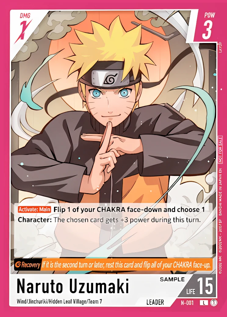 Naruto Card Game demo print: Naruto Uzumaki, Leader card N-001, rarity L, DMG 1, POW 3, LIFE 15, traits Wind / Jinchuriki / Hidden Leaf Village / Team 7, with an Activate: Main ability that flips a Chakra face-down to give a Character +3 power, and a Recovery line that rests the Leader to flip all Chakra face-up.