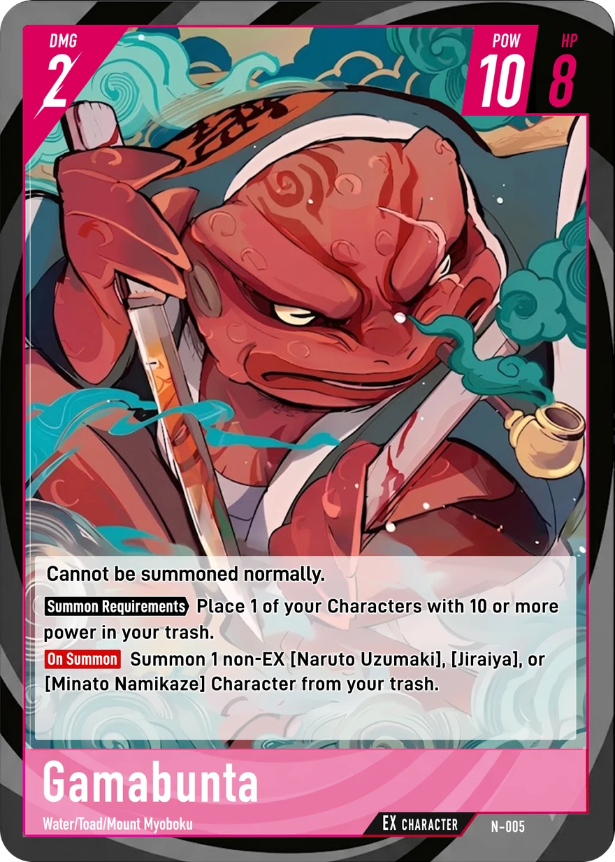 Naruto Card Game demo print: Gamabunta, EX Character card N-005, DMG 2, POW 10, HP 8, traits Water / Toad / Mount Myoboku. Cannot be summoned normally; Summon Requirements: place 1 of your Characters with 10 or more power in your trash; On Summon: summon 1 non-EX Naruto Uzumaki, Jiraiya, or Minato Namikaze Character from your trash.