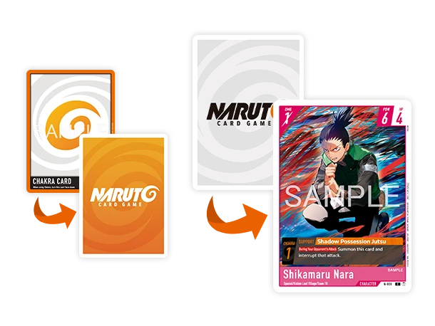 Bandai diagram: a Chakra card and its orange card back, distinct from the main deck’s grey back, beside the Shikamaru Nara Character card showing a SUPPORT line, “Shadow Possession Jutsu”, at a cost of CHAKRA 1.