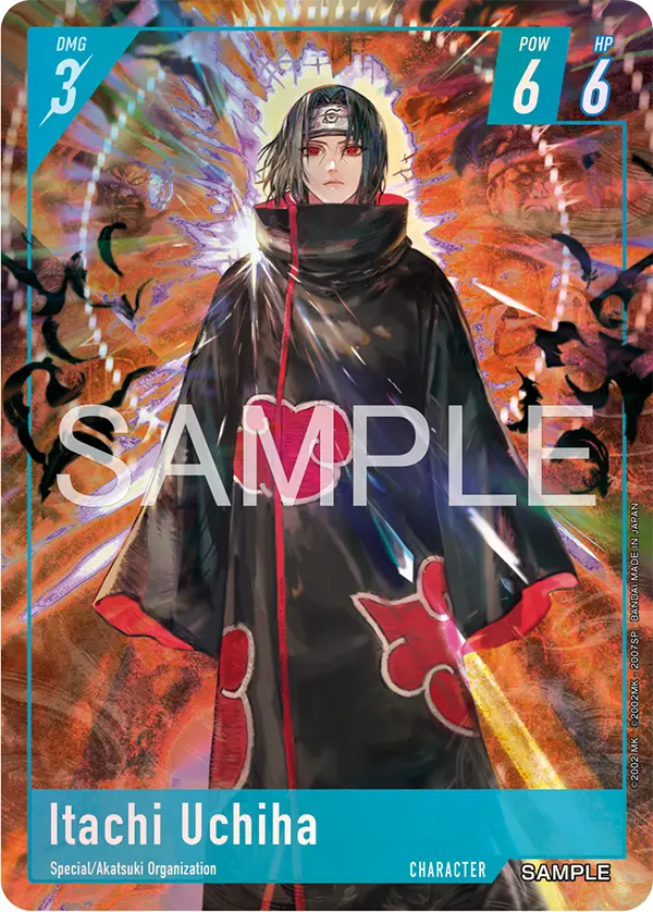 Naruto Card Game sample card: Itachi Uchiha, a blue-framed Character card with DMG 3, POW 6, HP 6, traits Special / Akatsuki Organization.