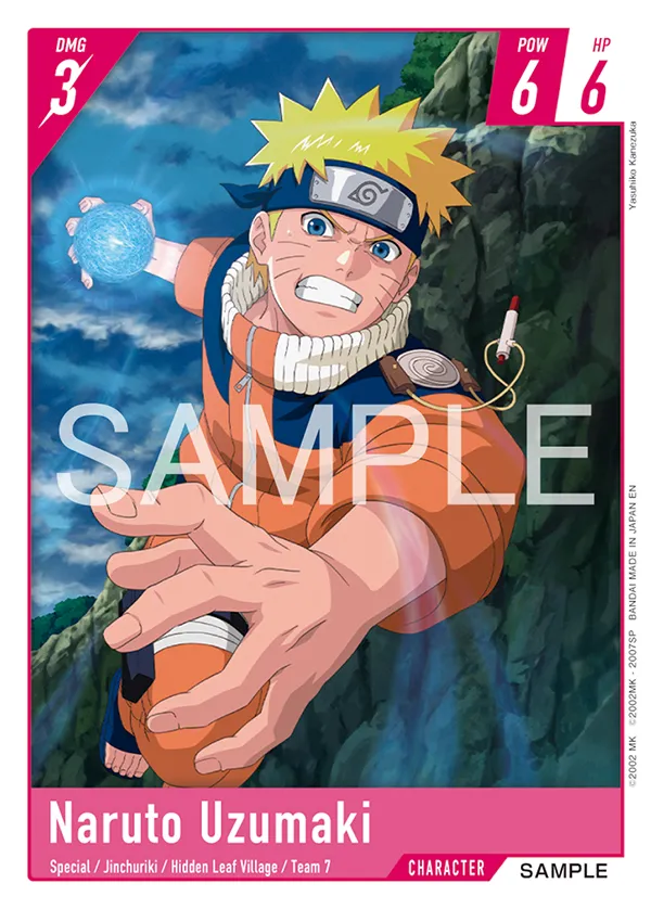 Naruto Card Game sample card: Naruto Uzumaki, a magenta-framed Character card with DMG 3, POW 6, HP 6, traits Special / Jinchuriki / Hidden Leaf Village / Team 7.