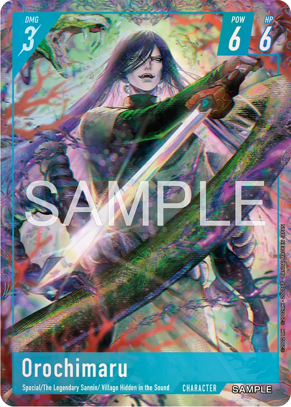 Naruto Card Game sample card: Orochimaru, Character, DMG 3, POW 6, HP 6, traits Special / The Legendary Sannin / Village Hidden in the Sound.