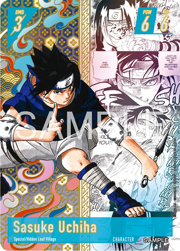 Naruto Card Game sample card: Sasuke Uchiha, Character, DMG 3, POW 6, HP 6, traits Special / Hidden Leaf Village, with manga panels worked into the art.