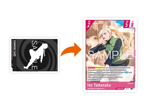 Bandai diagram: a horizontal black Summon card, captioned “you rest this card to summon a Character card”, with an arrow to the Ino Yamanaka Character card, code N-011, showing DMG 2, POW 5, HP 8 and full rules text.