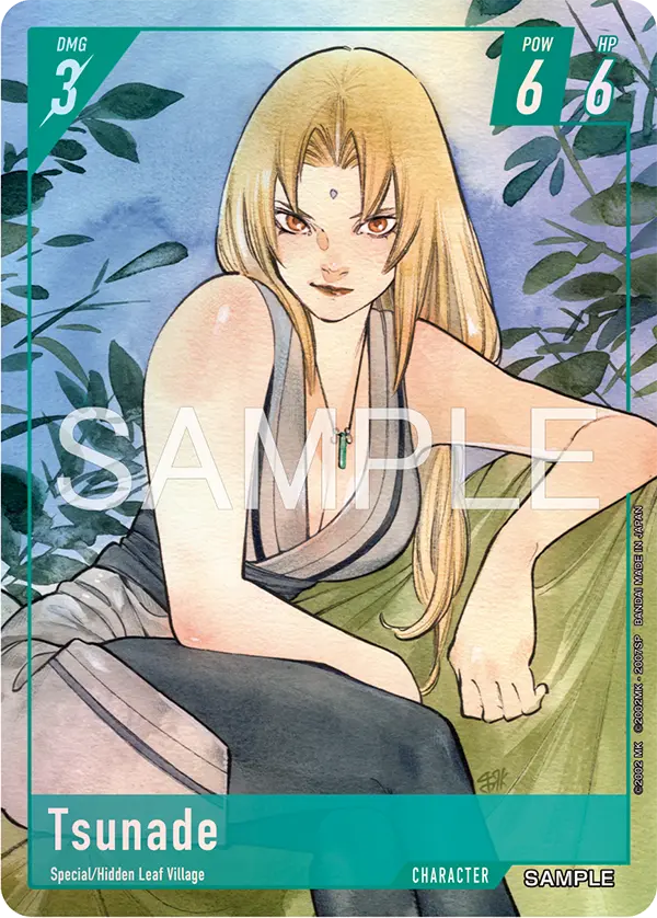 Naruto Card Game sample card: Tsunade, a green-framed Character card with DMG 3, POW 6, HP 6, traits Special / Hidden Leaf Village.